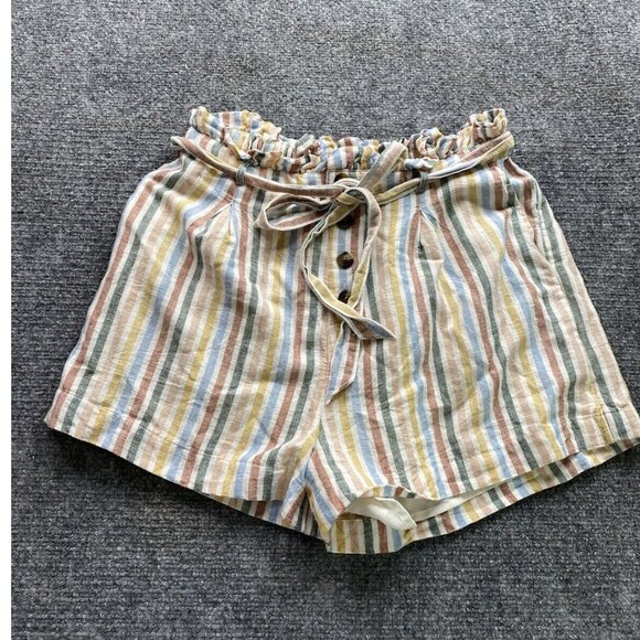 American Eagle Shorts Womens‎ M Striped Pull On Cotton Linen Multicolor Belted - Picture 1 of 15